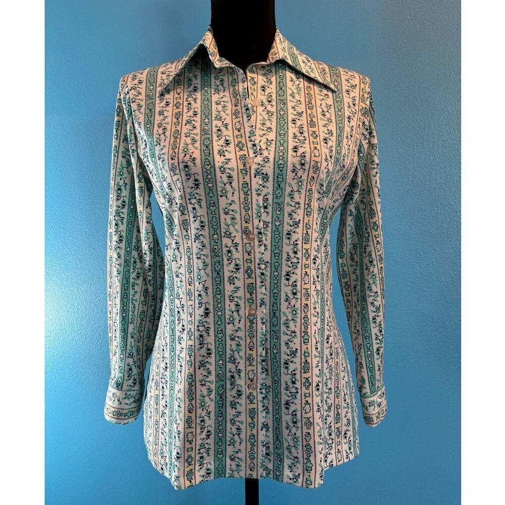 VTG Made in the USA KORET of California Women's Blouse Shirt Teal White Pattern